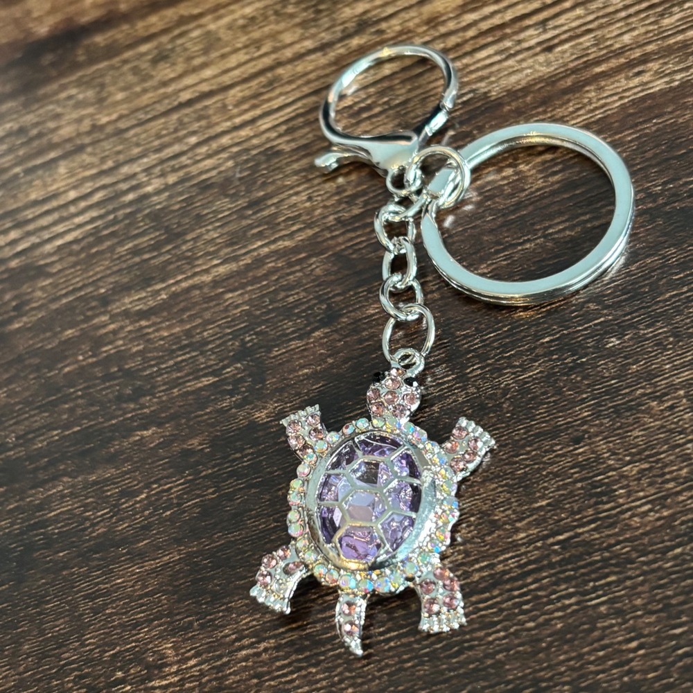 Purple Rhinestone Turtle Keychain Silver Tone Bag Charm Crystal Animal